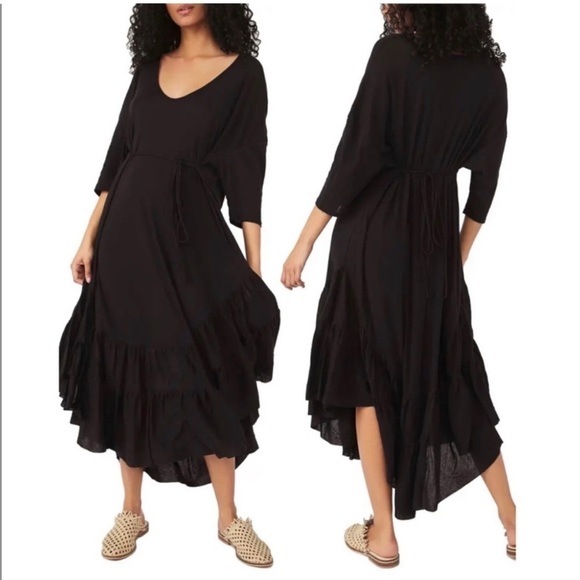 Free People Tiered Long Sleeve Oversized Deep Scoop Sunseeker Maxi T Dress Black - Picture 14 of 16